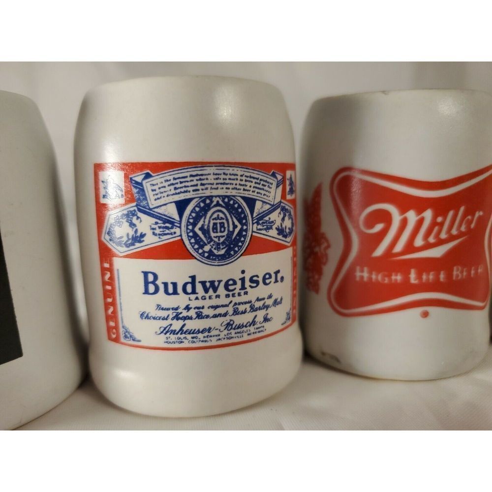 Beer Mugs Shot Glasses Lot of 4 Barware Budweiser Miller Strohs Michelob Mancave - Picture 4 of 12